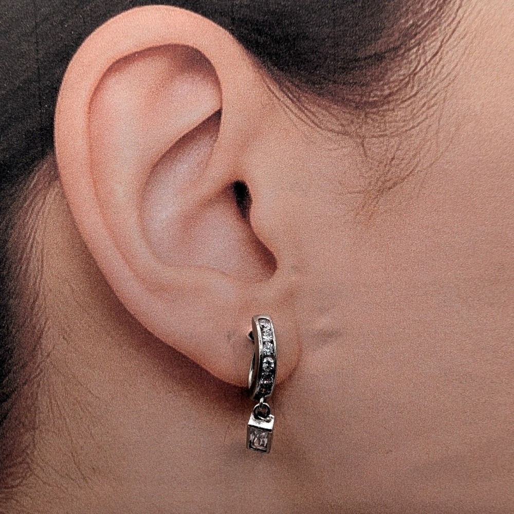 925 Sterling Silver Cubic Zirconia Baguette Drop Huggie Hoop Earrings 3.9g